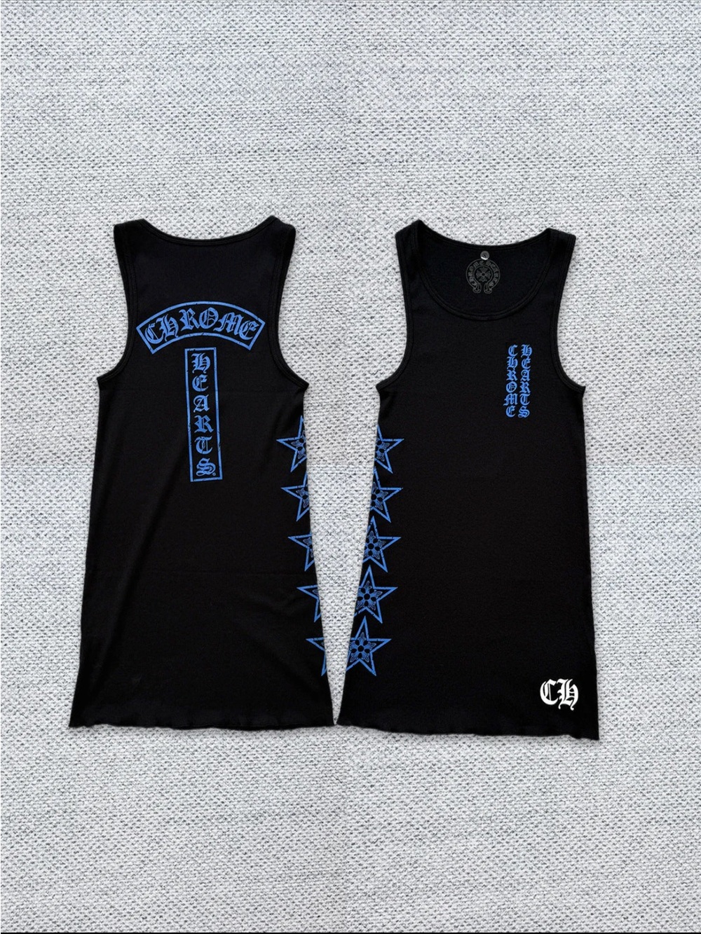 Chrome Hearts Black Tank with Blue Gothic Logos and Star Side Print